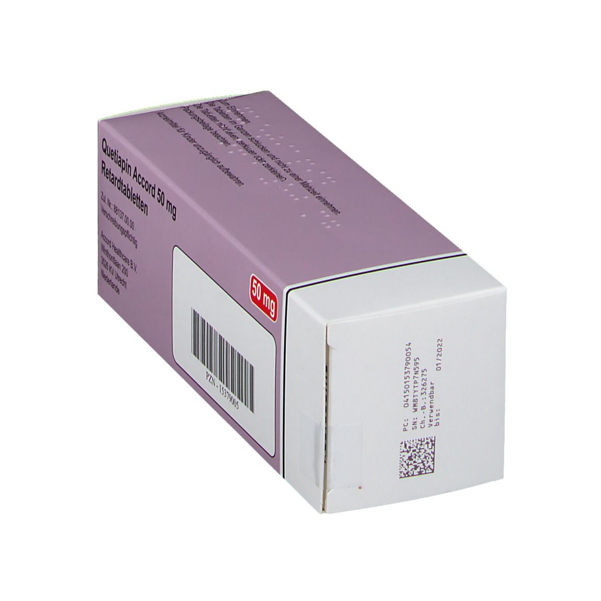 Schachtel "Quetiapin Accord 50 mg Retardtabletten". Lila-weiße Verpackung mit Barcode und Text. "50 mg" und "accord" sichtbar.