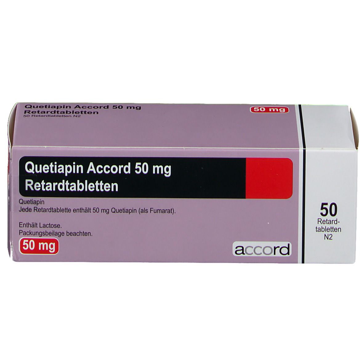 Schachtel "Quetiapin Accord 50 mg Retardtabletten". Lila-weiße Verpackung mit rotem Akzent. "50 mg" und "accord" sichtbar.