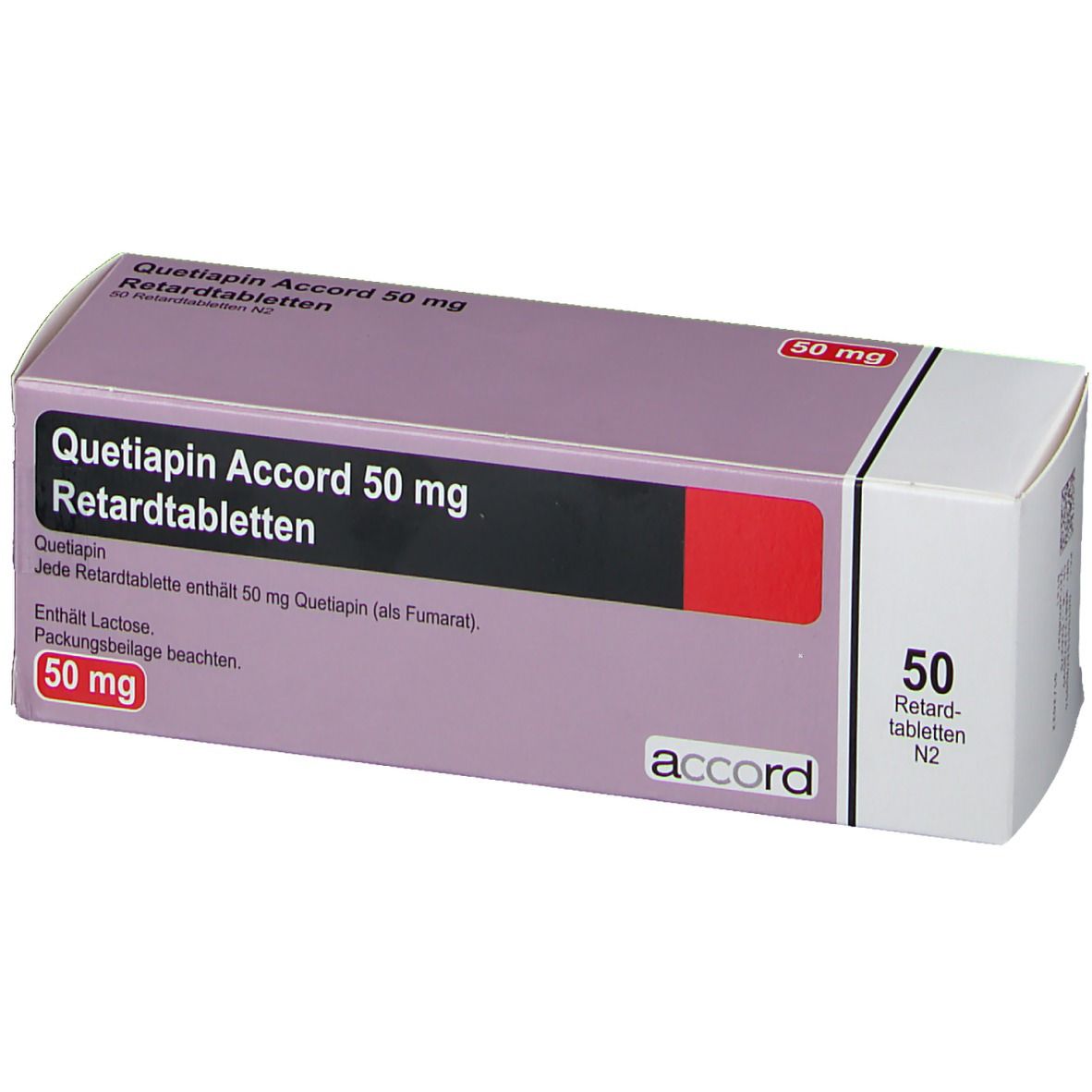 Schachtel "Quetiapin Accord 50 mg Retardtabletten". Lila-weiße Verpackung mit rotem Akzent. "50 mg" und "accord" sichtbar.