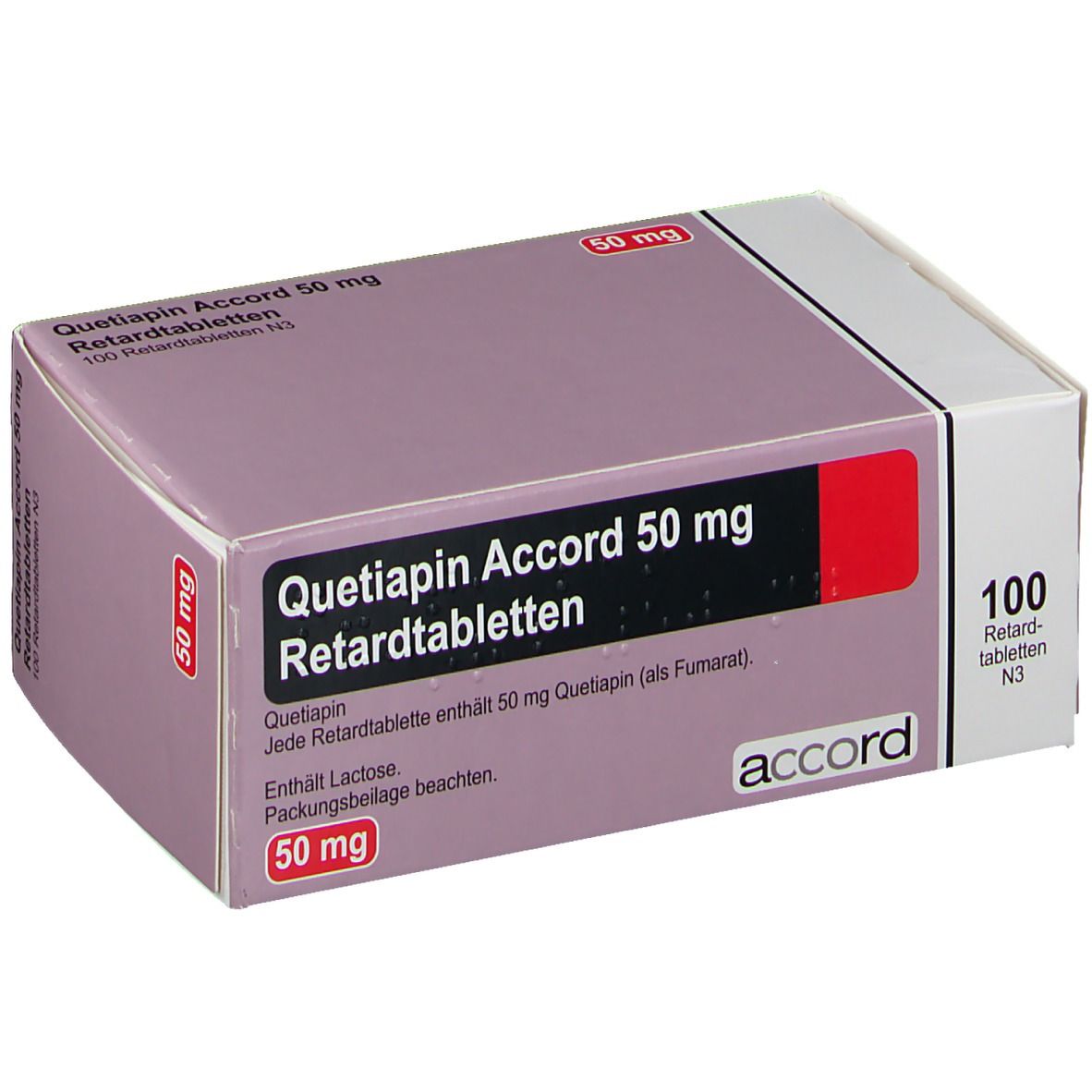 Schachtel mit Quetiapin Accord 50 mg Retardtabletten. Aufdruck: 100 Tabletten, 50 mg, accord.