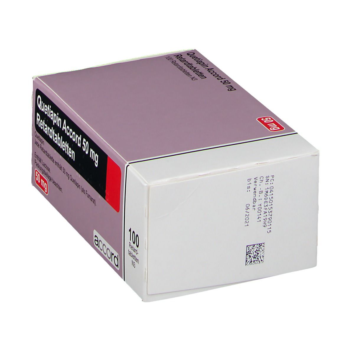 Schachtel mit Quetiapin Accord 50 mg Retardtabletten. Aufdruck: 100 Tabletten, 50 mg, accord. Rückseite mit Barcode.