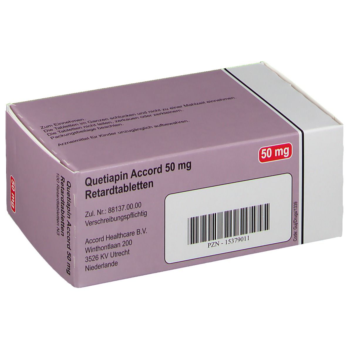Schachtel mit Quetiapin Accord 50 mg Retardtabletten. Aufdruck: 50 mg, accord. Rückseite mit Barcode und Adresse.