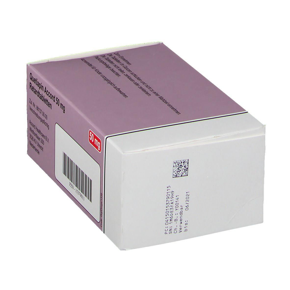 Schachtel mit Quetiapin Accord 50 mg Retardtabletten. Aufdruck: 50 mg, accord. Rückseite mit Barcode und Adresse.
