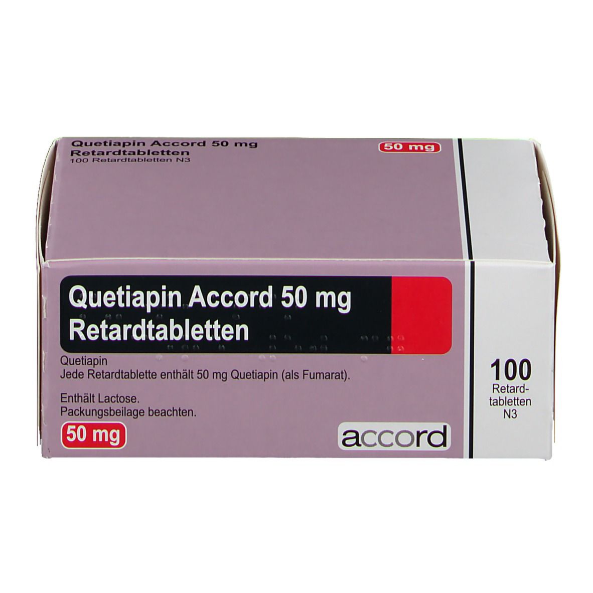 Schachtel mit Quetiapin Accord 50 mg Retardtabletten. Aufdruck: 100 Tabletten, 50 mg, accord.