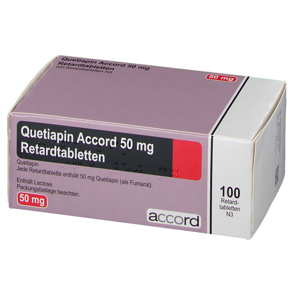 Schachtel mit Quetiapin Accord 50 mg Retardtabletten. Aufdruck: 100 Tabletten, 50 mg, accord. Mit Braille-Schrift.