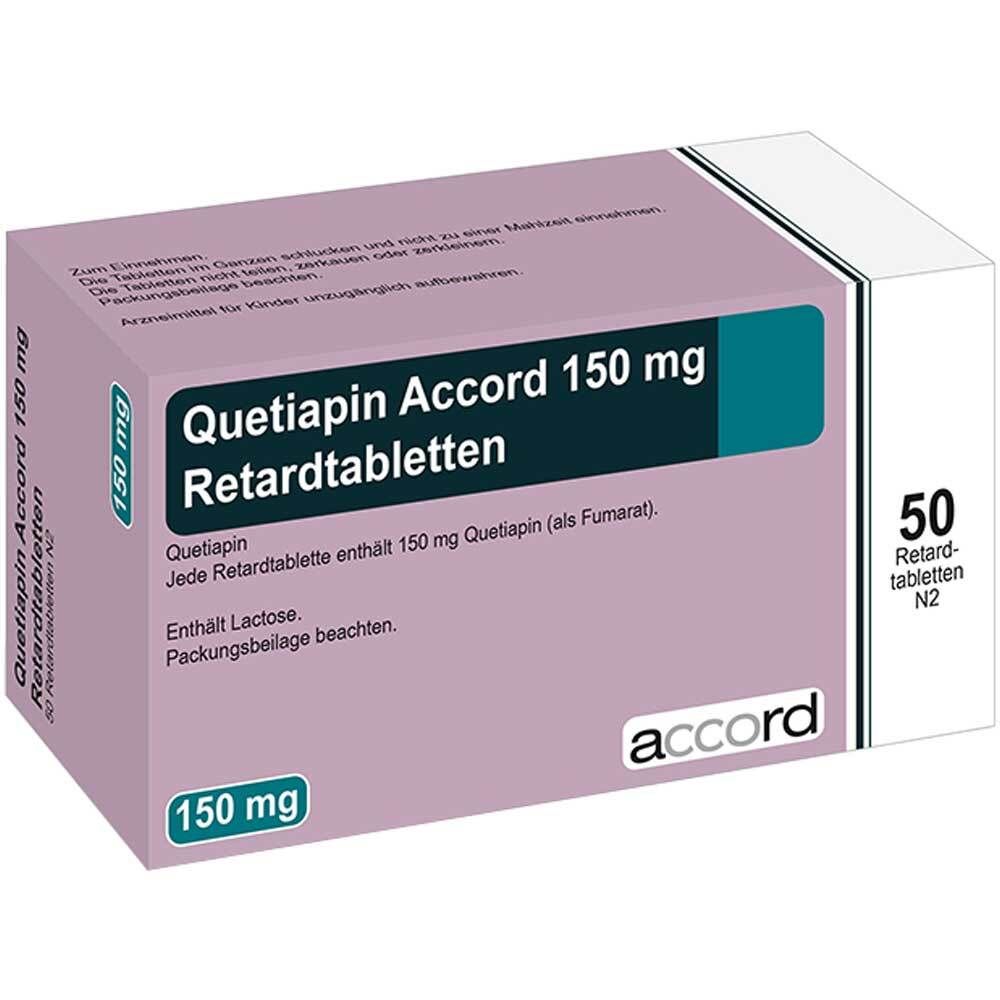 Schachtel mit Quetiapin Accord 150 mg Retardtabletten. Aufschrift: 50 Retardtabletten N2. Marke: accord.