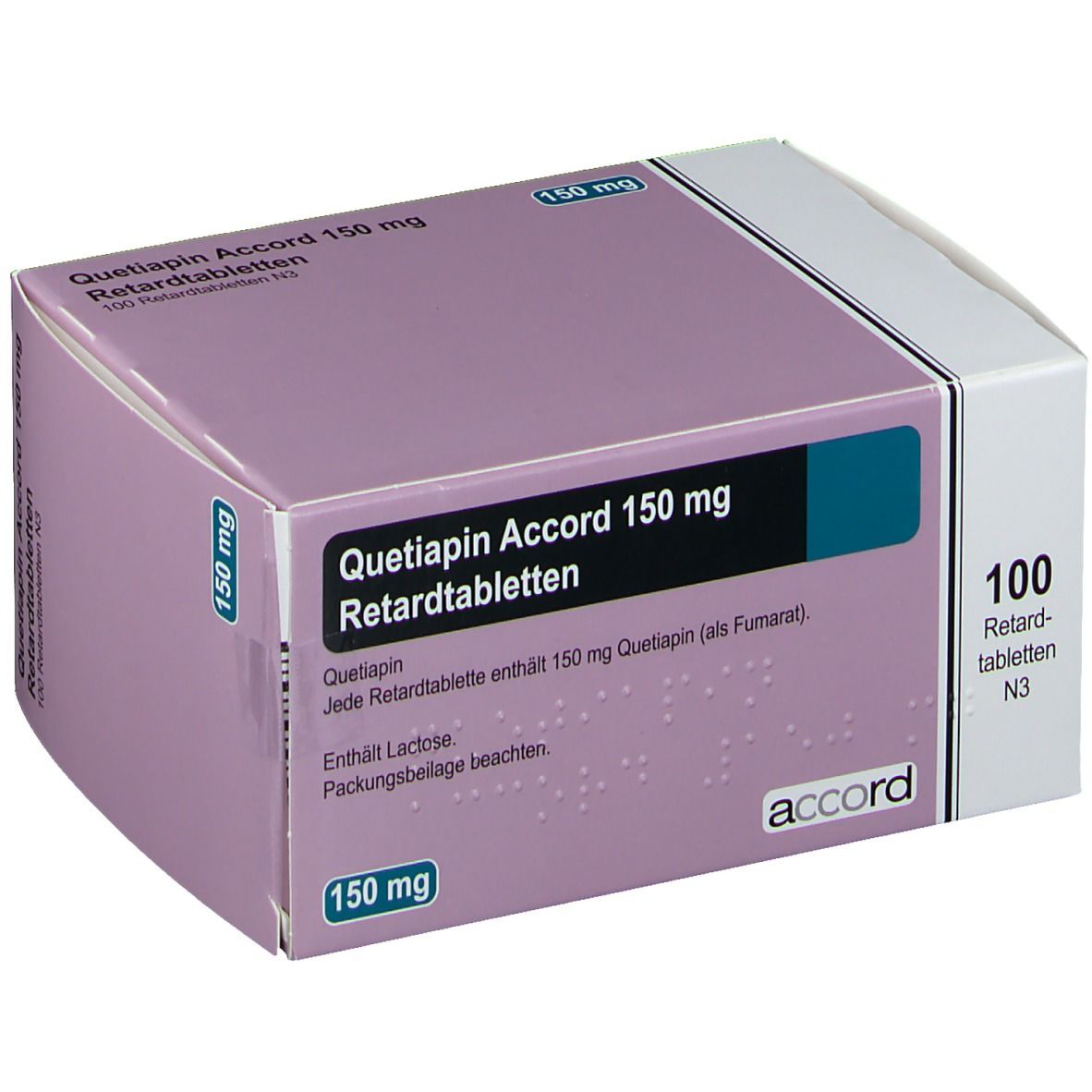 Schachtel mit Quetiapin Accord 150 mg Retardtabletten. Aufschrift: 100 Retardtabletten N3. Accord-Logo.