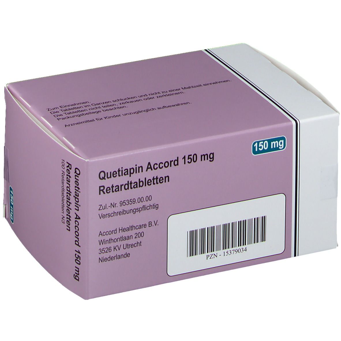 Schachtel mit Quetiapin Accord 150 mg Retardtabletten. Rückseite mit Barcode und Text. Accord-Logo.