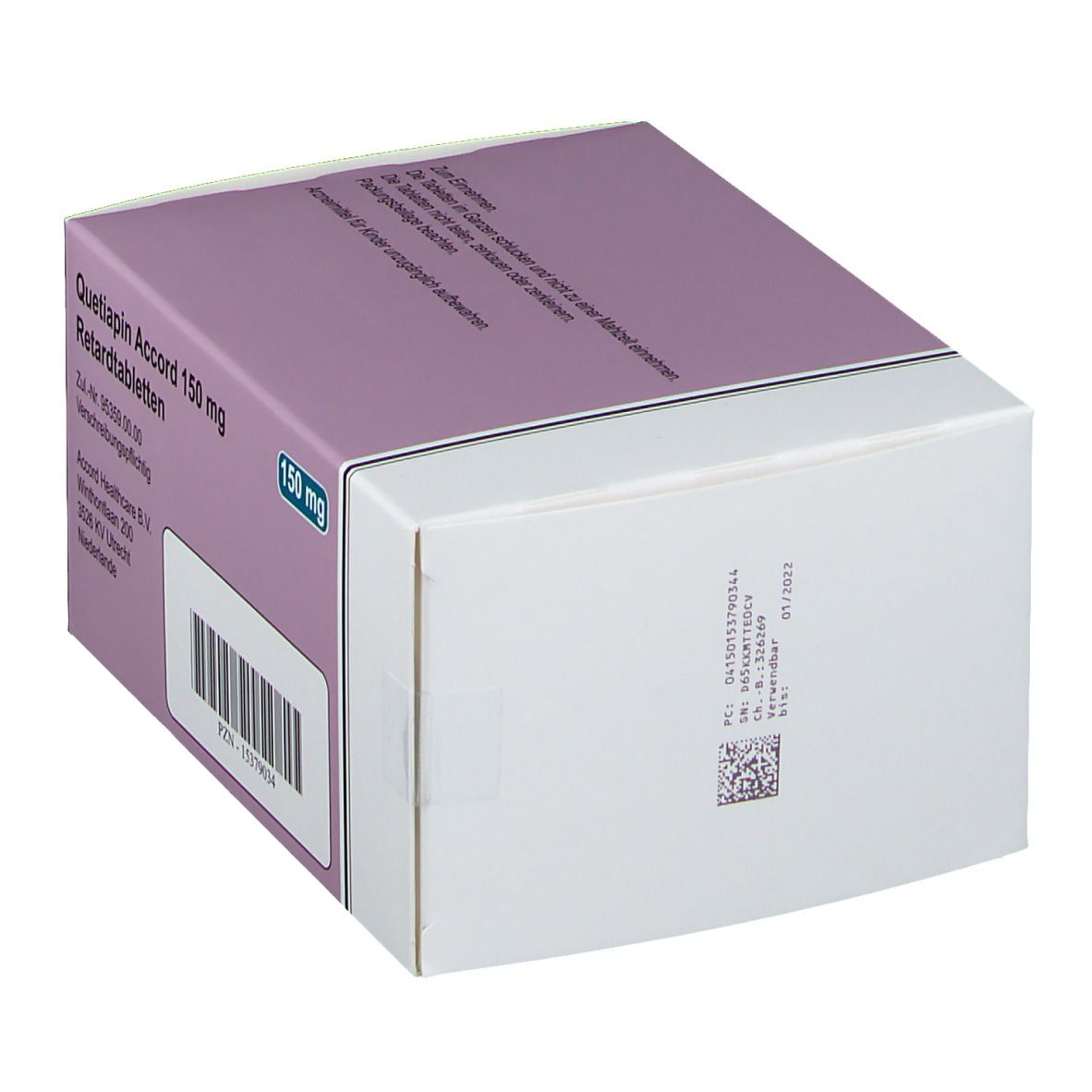 Schachtel mit Quetiapin Accord 150 mg Retardtabletten. Seitenansicht mit Barcode und Text. Accord-Logo.
