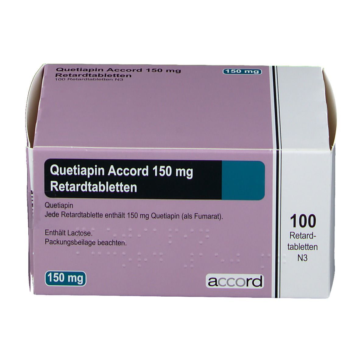 Schachtel mit Quetiapin Accord 150 mg Retardtabletten. Aufschrift: 100 Retardtabletten N3. Accord-Logo.