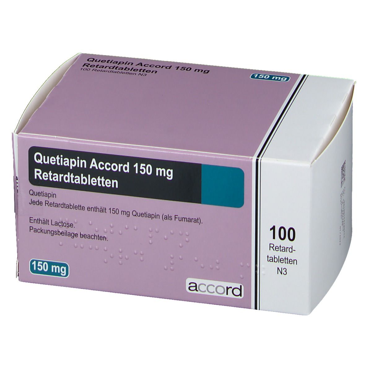 Schachtel mit Quetiapin Accord 150 mg Retardtabletten. Aufschrift: 100 Retardtabletten N3. Accord-Logo.