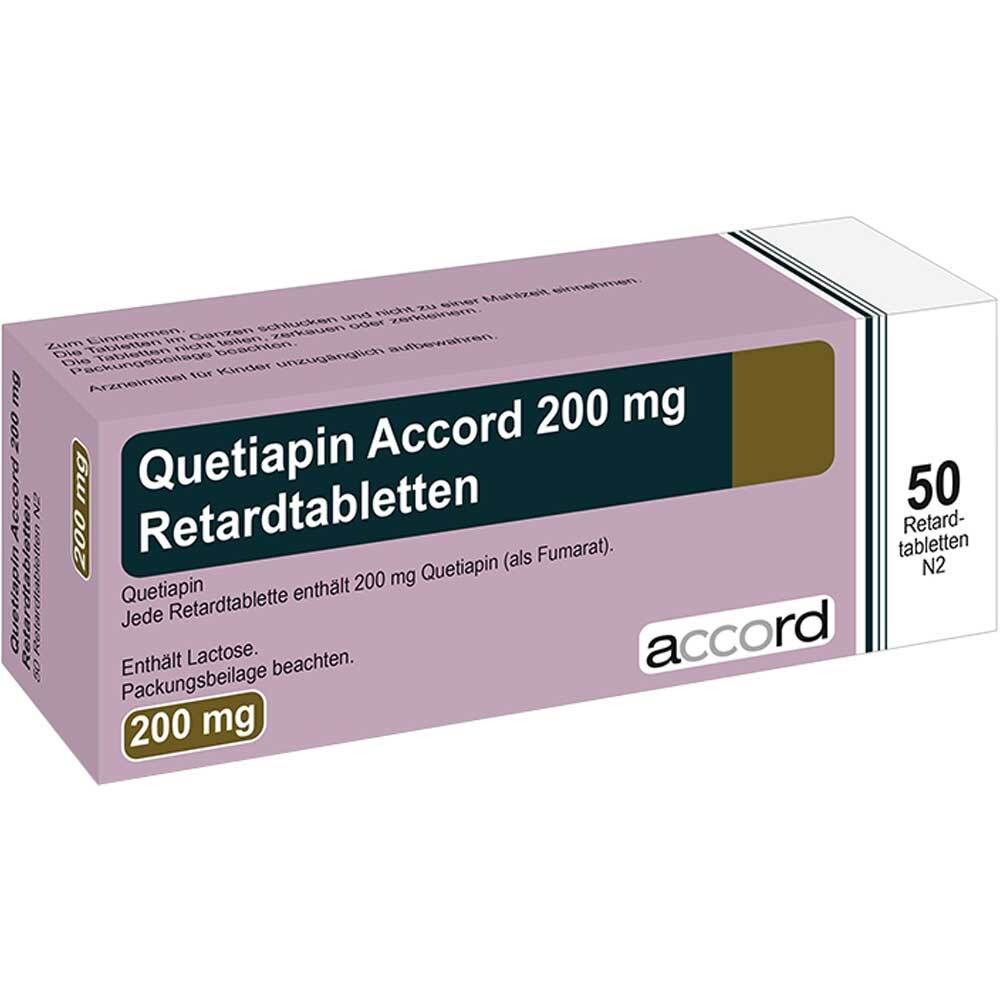 Schachtel mit Quetiapin Accord 200 mg Retardtabletten. Aufschrift: 200 mg, accord. 50 Tabletten.
