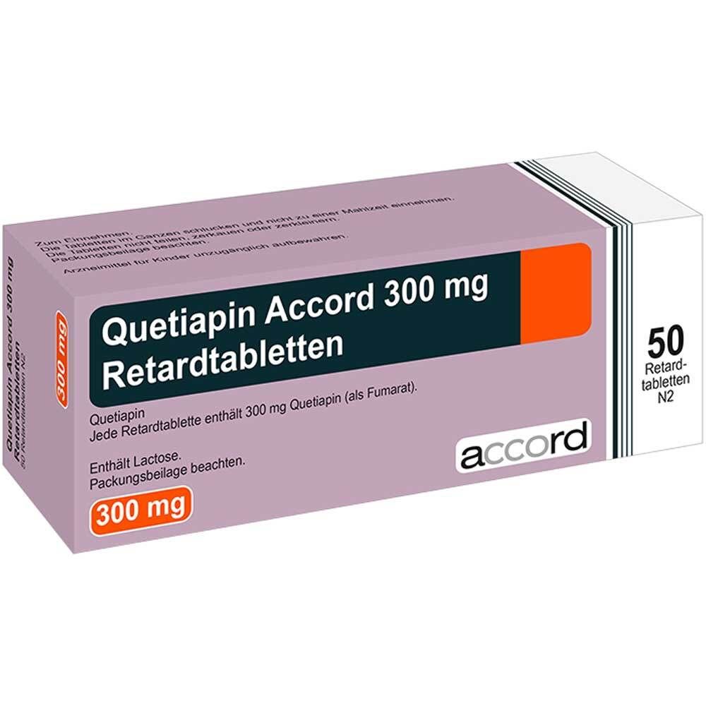 Schachtel mit Quetiapin Accord 300 mg Retardtabletten. Lila-weißes Design mit orangefarbenem Akzent. 50 Tabletten.
