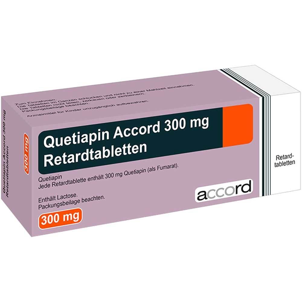 Schachtel mit Medikamenten. Aufschrift: Quetiapin Accord 300 mg Retardtabletten. Orangefarbener Streifen. Marke: accord.