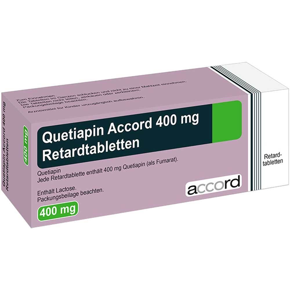 Schachtel mit Quetiapin Accord 400 mg Retardtabletten. Grün-weißes Feld mit 400 mg. Marke: accord.