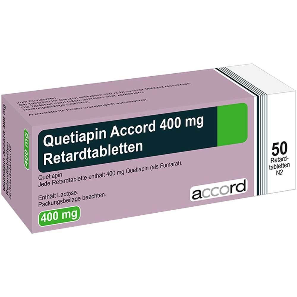 Schachtel Quetiapin Accord 400 mg Retardtabletten. Grün-weißes Feld mit 400 mg. 50 Tabletten.