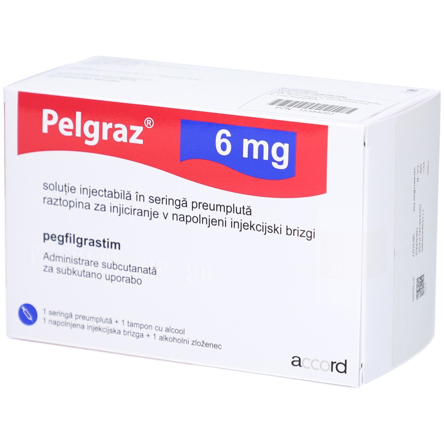 Pelgraz 6 mg, Injektionslösung. Weiße Schachtel mit roter und blauer Beschriftung. Enthält eine Fertigspritze.