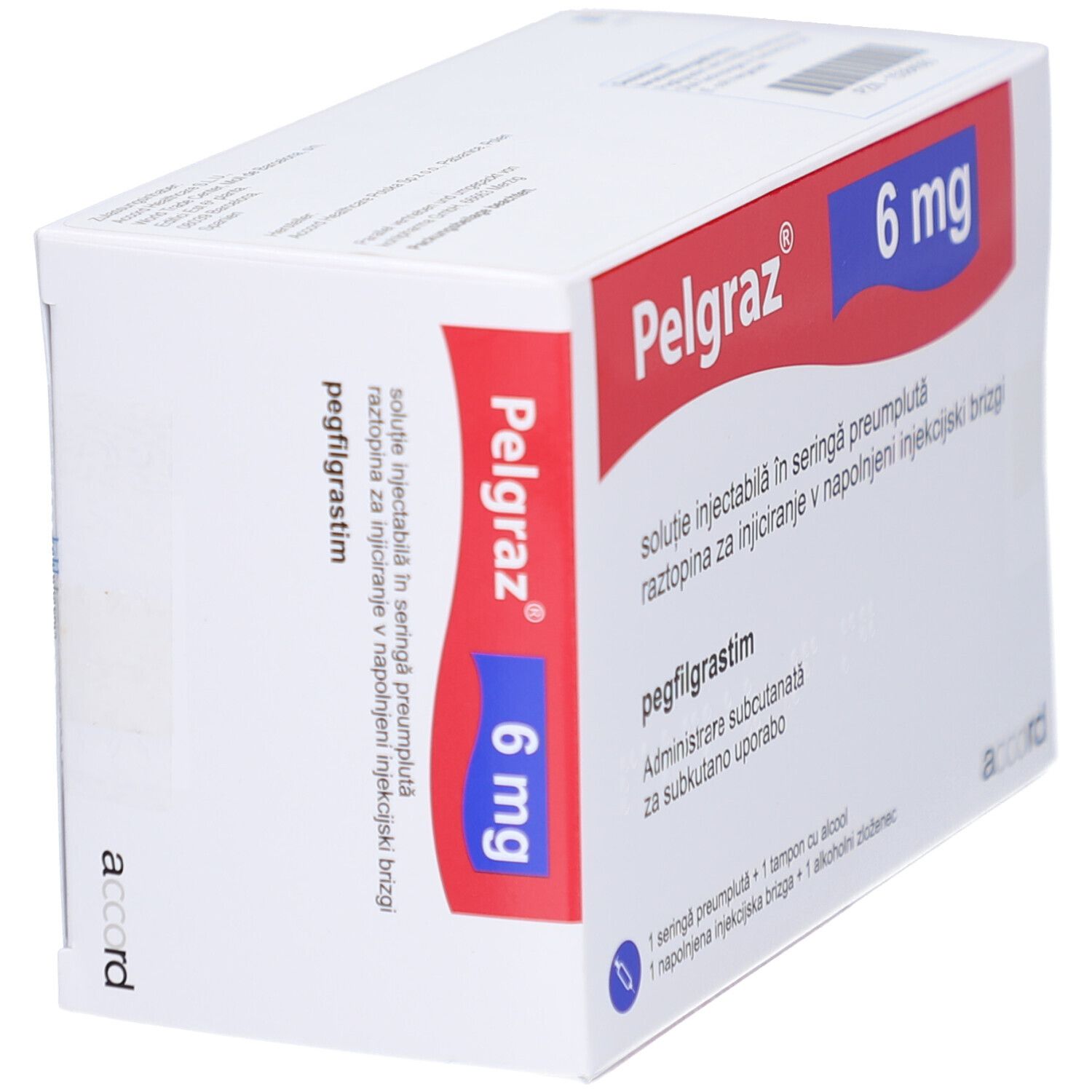 Pelgraz 6 mg, Injektionslösung. Weiße Schachtel mit roter und blauer Beschriftung. Seitenansicht.