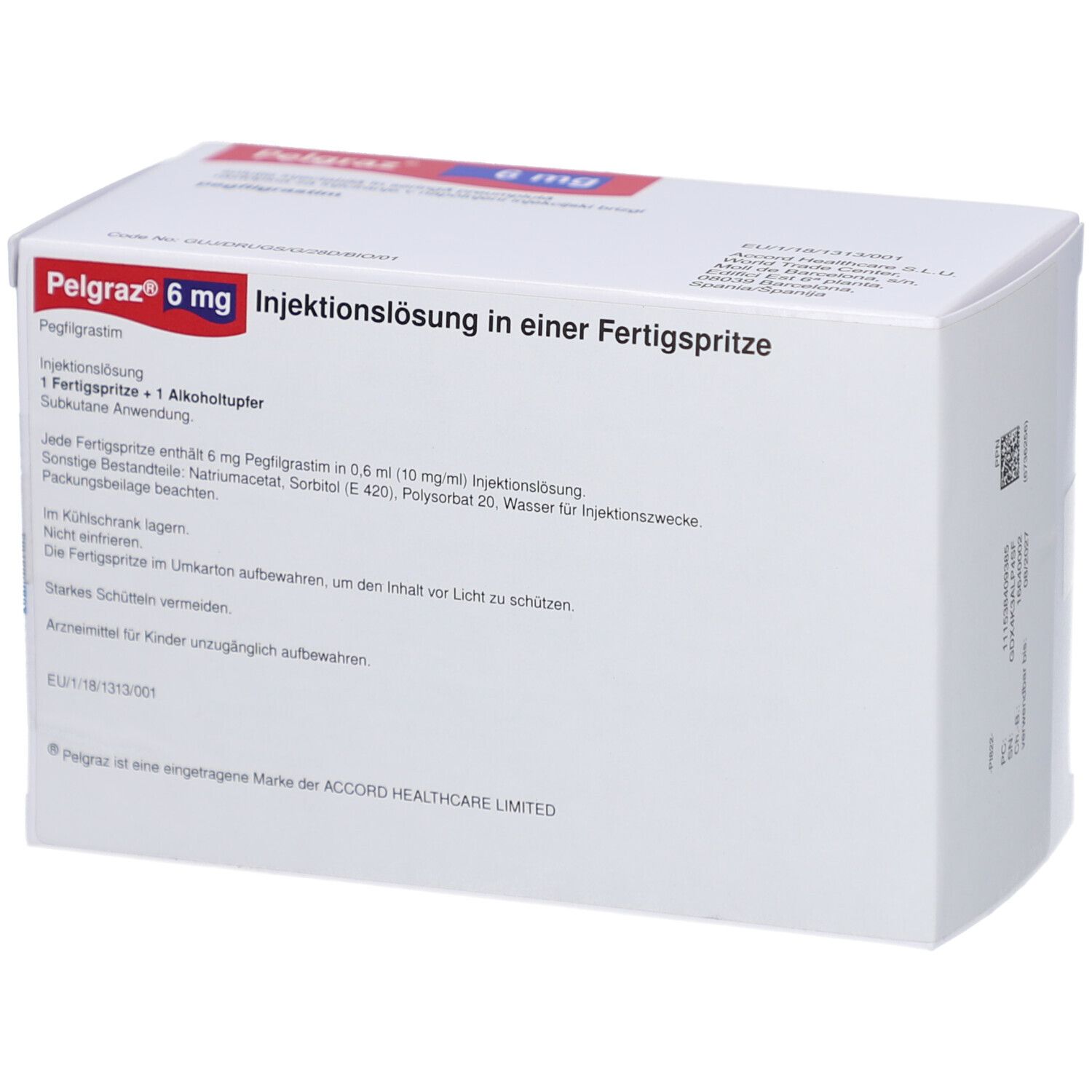 Pelgraz 6 mg, Injektionslösung in Fertigspritze. Weiße Schachtel mit Text. Enthält eine Fertigspritze.