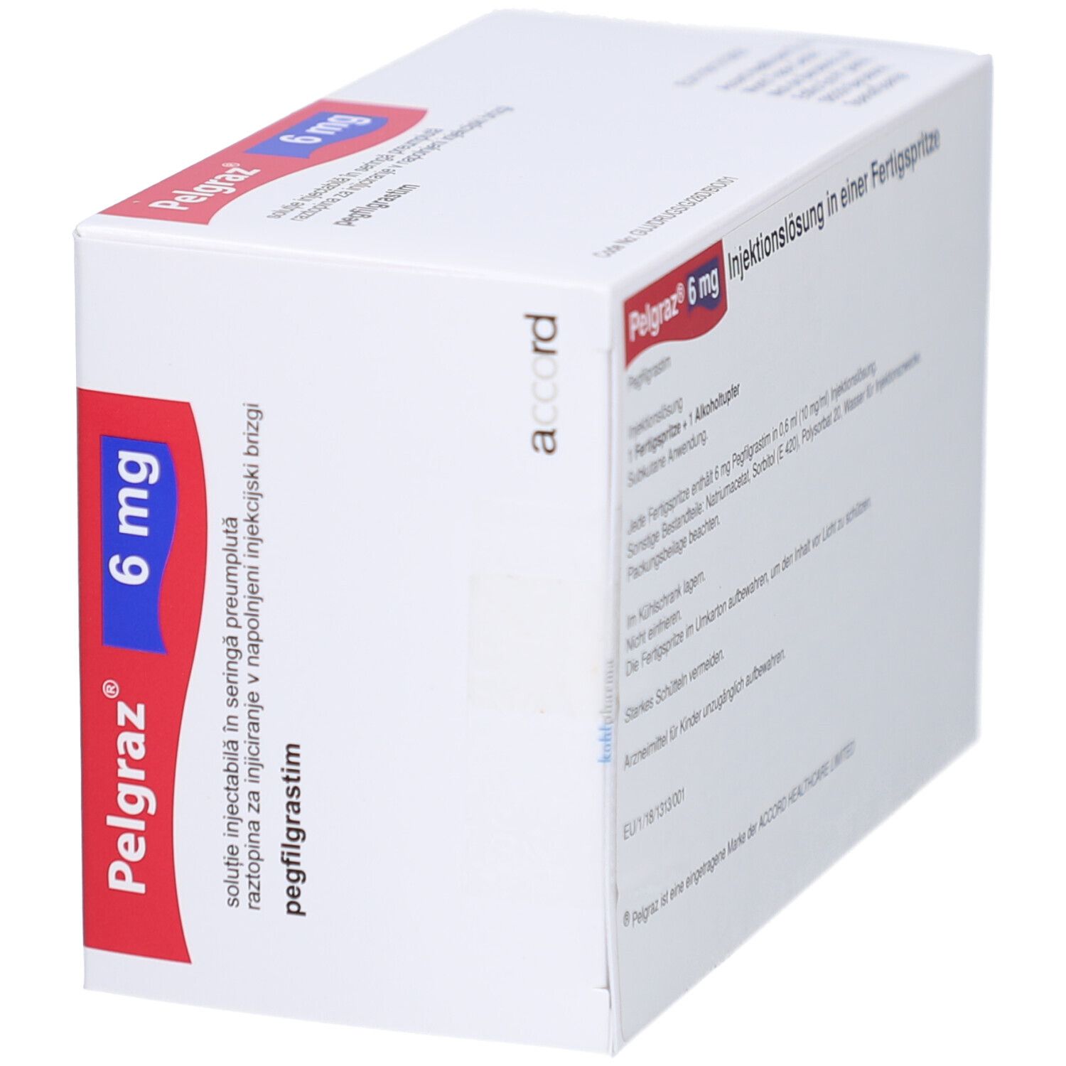 Pelgraz 6 mg, Injektionslösung. Weiße Schachtel mit roter und blauer Beschriftung. Seitenansicht.