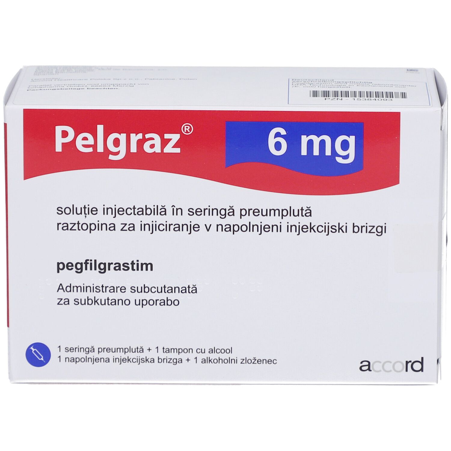 Pelgraz 6 mg, Injektionslösung. Weiße Schachtel mit roter und blauer Beschriftung. Enthält eine Fertigspritze.