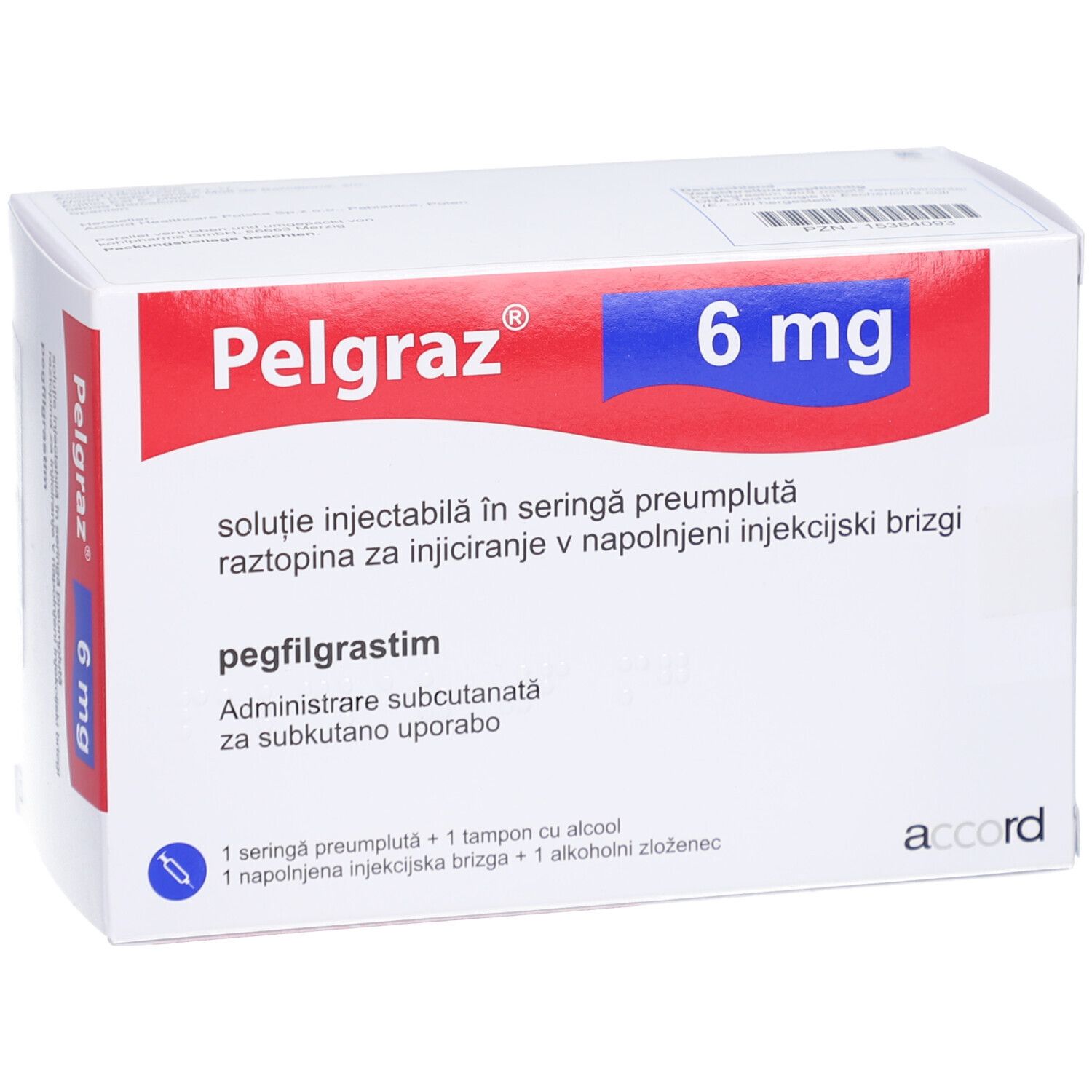 Pelgraz 6 mg, Injektionslösung. Weiße Schachtel mit roter und blauer Beschriftung. Enthält eine Fertigspritze.