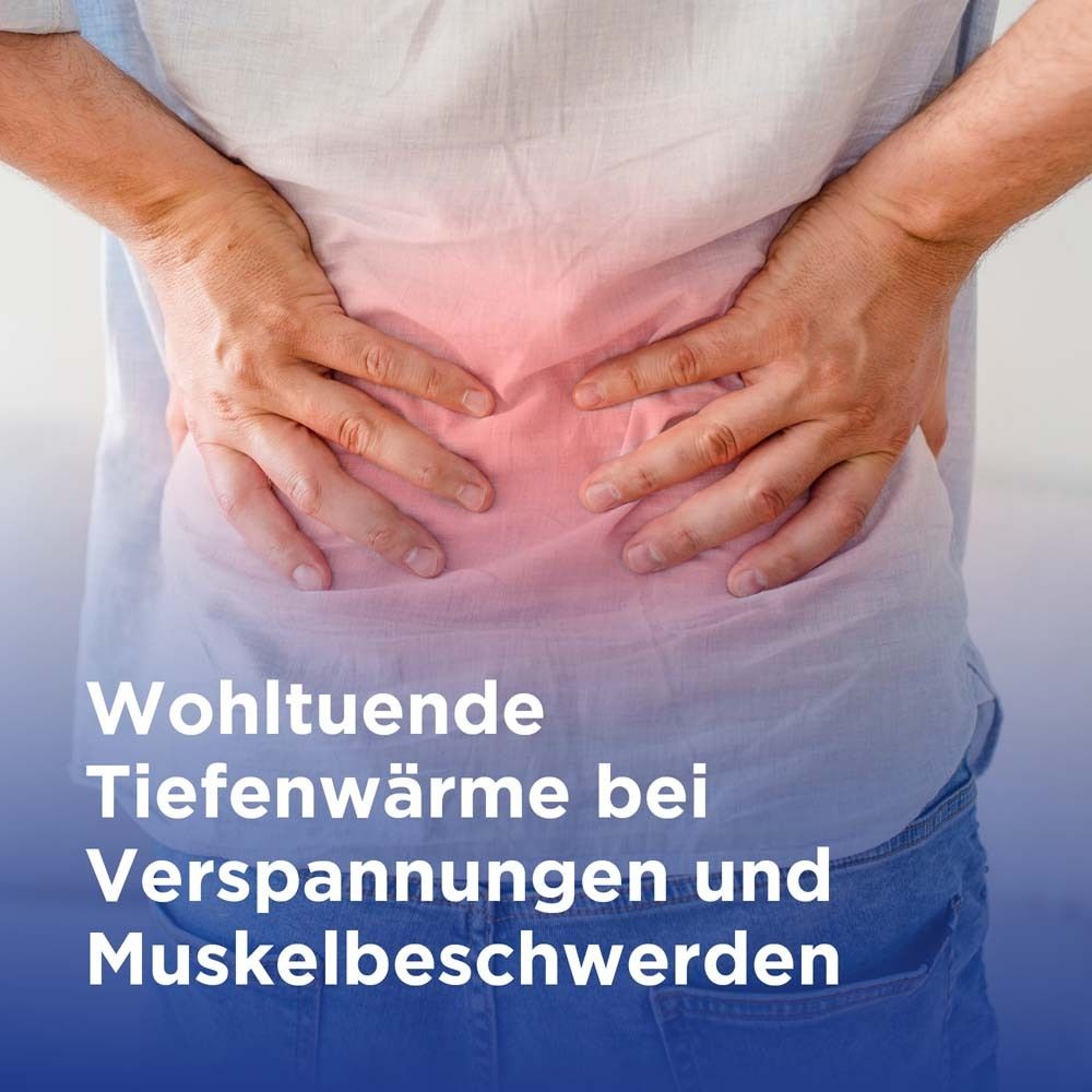 Person hält Hände an schmerzenden unteren Rücken. Text: Wohltuende Tiefenwärme bei Verspannungen und Muskelbeschwerden.