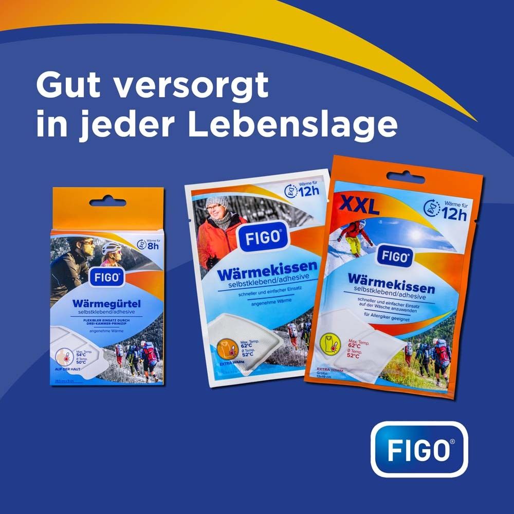 Drei FIGO Wärmekissen-Verpackungen. Links: Wärmegürtel. Mitte: Wärmekissen. Rechts: XXL Wärmekissen. Text: Gut versorgt in jeder Lebenslage.