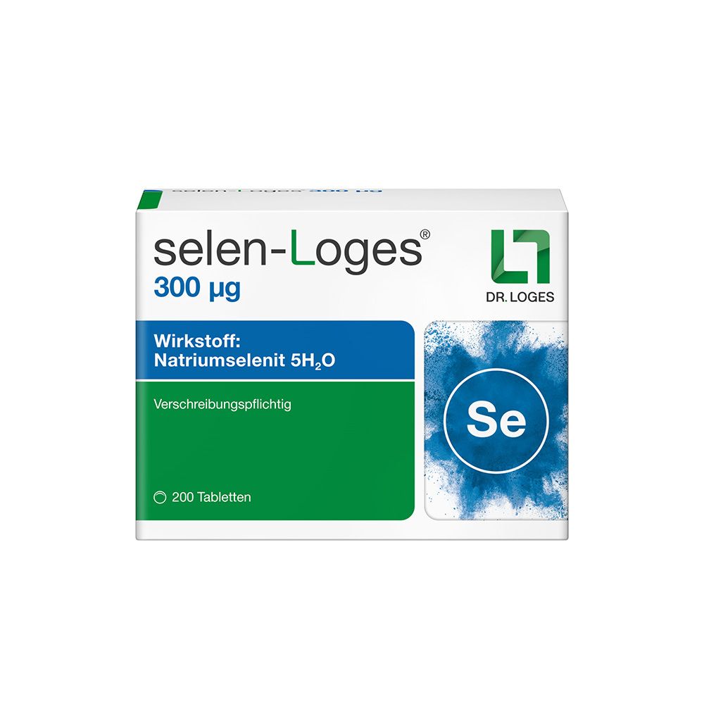 Schachtel selen-Loges 300 µg. Wirkstoff: Natriumselenit 5H₂O. 200 Tabletten. Logo Dr. Loges. Blaues Se-Symbol.
