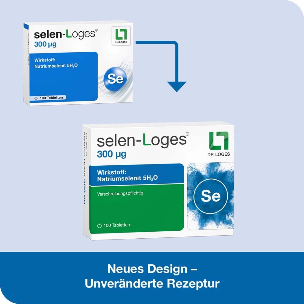 Vergleich von zwei Schachteln selen-Loges 300 µg. Wirkstoff: Natriumselenit 5H₂O. 100 Tabletten. Neues Design, unveränderte Rezeptur.