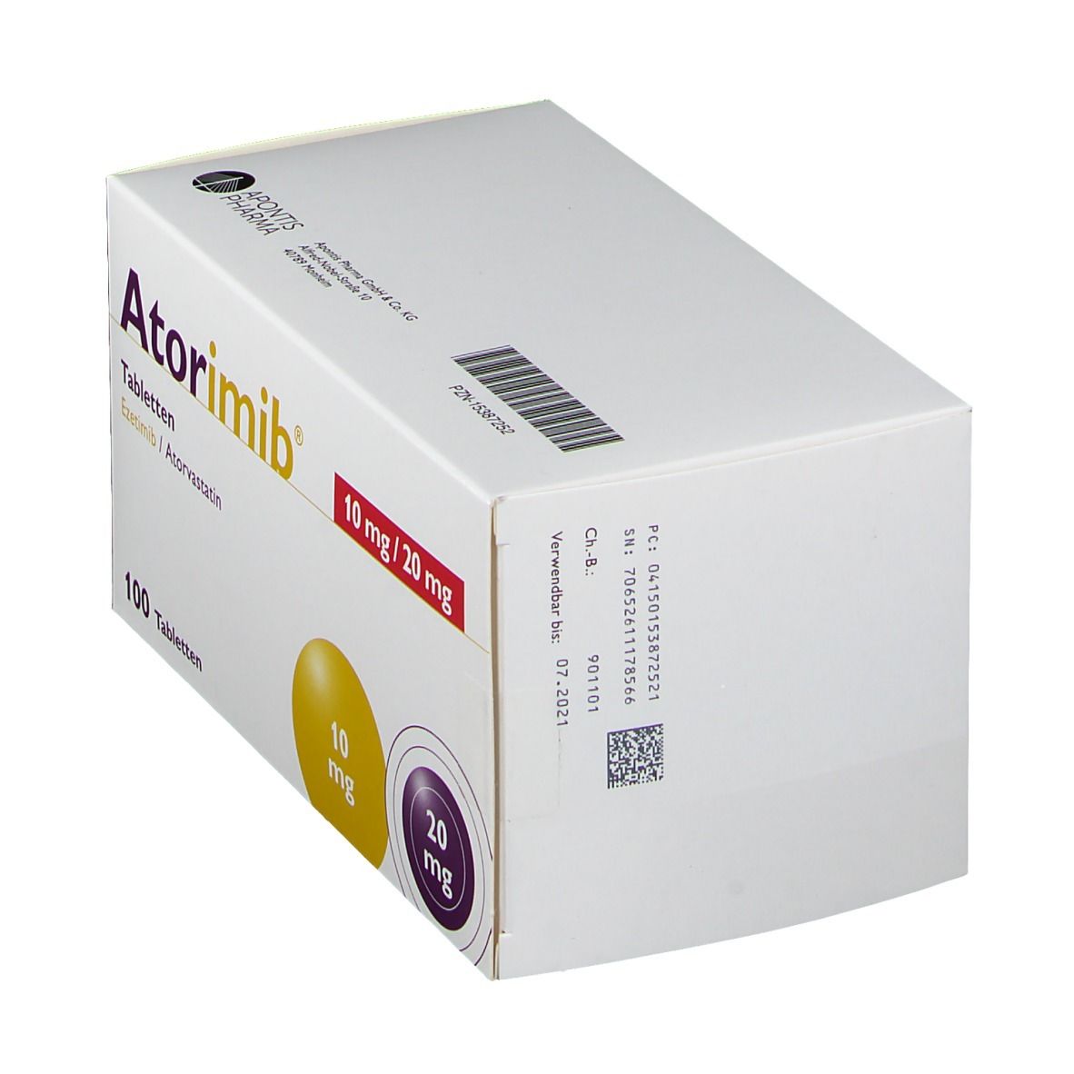 Schachtel Atorimib, 10 mg/20 mg Tabletten. 100 Tabletten. Gelbe und violette Kreise mit Dosierungsangaben. Barcode und Produktionsdaten.