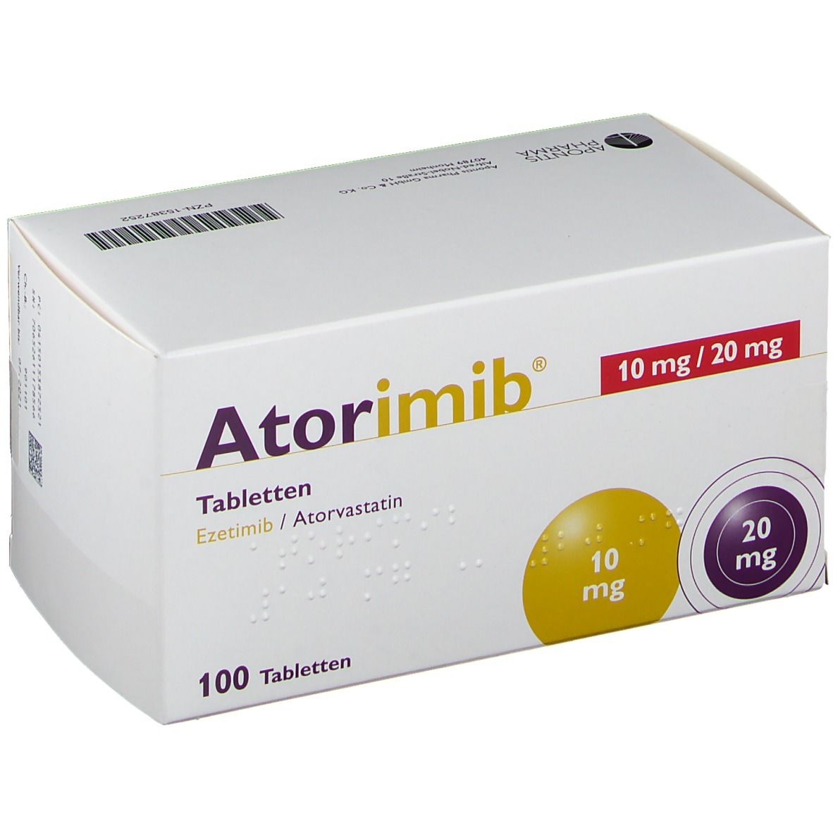 Weiße Schachtel Atorimib, 10 mg/20 mg Tabletten. 100 Tabletten. Gelbe und violette Kreise mit Dosierungsangaben. Text in Braille.