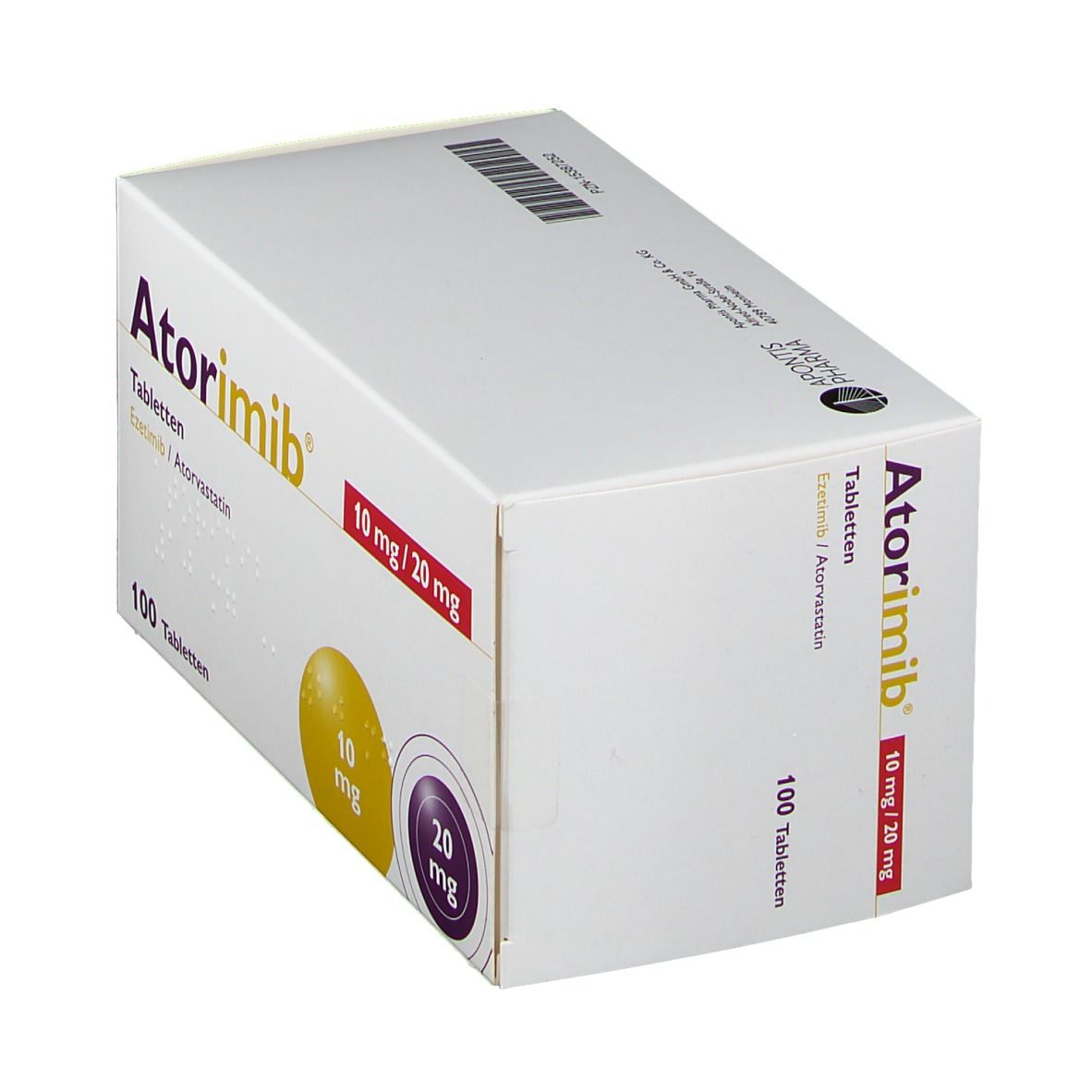 Schachtel Atorimib, 10 mg/20 mg Tabletten. 100 Tabletten. Gelbe und violette Kreise mit Dosierungsangaben. Text in Braille.