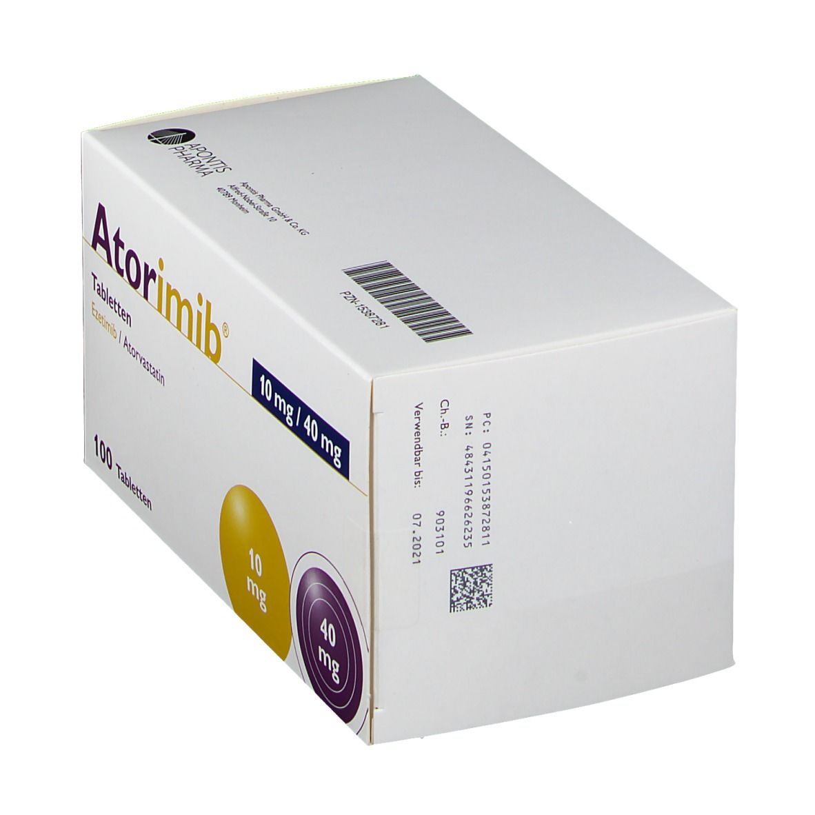 Atorimib® Tabletten-Packung. Aufschrift: 10 mg / 40 mg, 100 Tabletten. Enthält Ezetimib / Atorvastatin. Gelbe und violette Kreise mit Dosierungen.