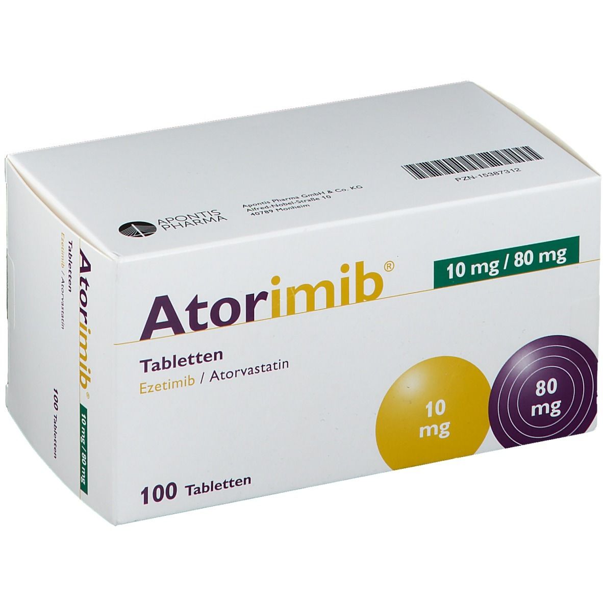 Atorimib®-Tabletten-Packung. Aufschrift: 10 mg/80 mg, 100 Tabletten. Gelbe und violette Kreise mit Dosierungsangaben.