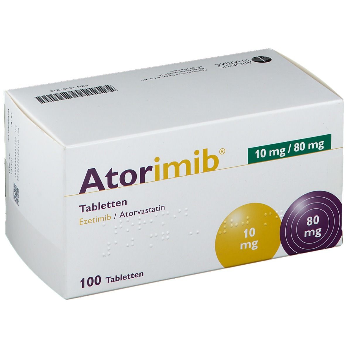 Atorimib®-Tabletten-Packung. Aufschrift: 10 mg/80 mg, 100 Tabletten. Gelbe und violette Kreise mit Dosierungsangaben.