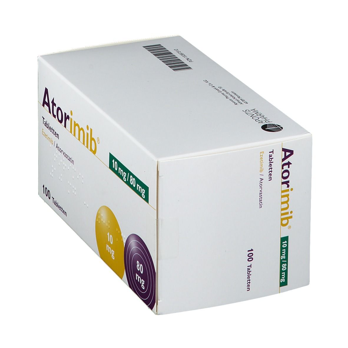 Atorimib®-Tabletten-Packung. Aufschrift: 10 mg/80 mg, 100 Tabletten. Gelbe und violette Kreise mit Dosierungsangaben.