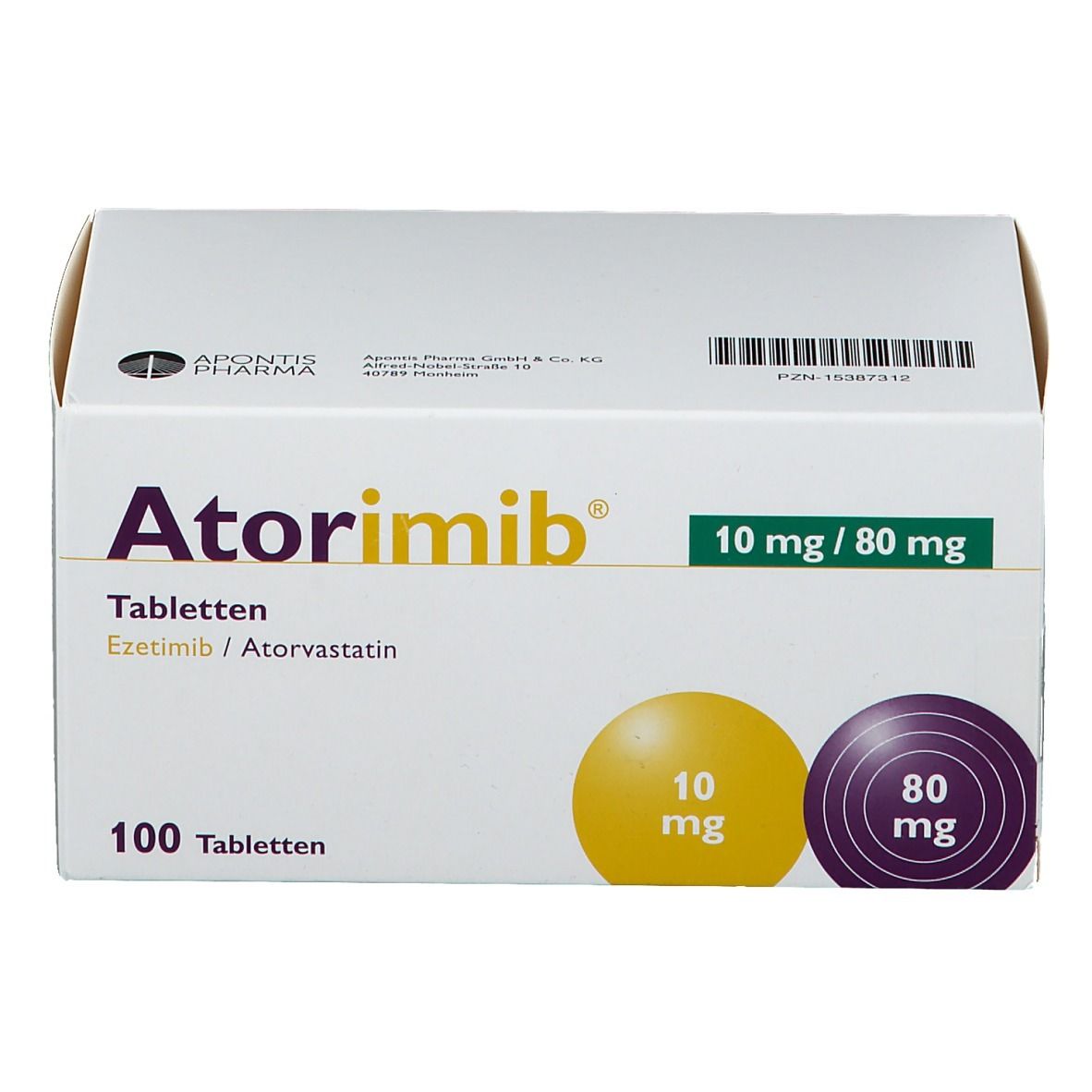 Atorimib®-Tabletten-Packung. Aufschrift: 10 mg/80 mg, 100 Tabletten. Gelbe und violette Kreise mit Dosierungsangaben.