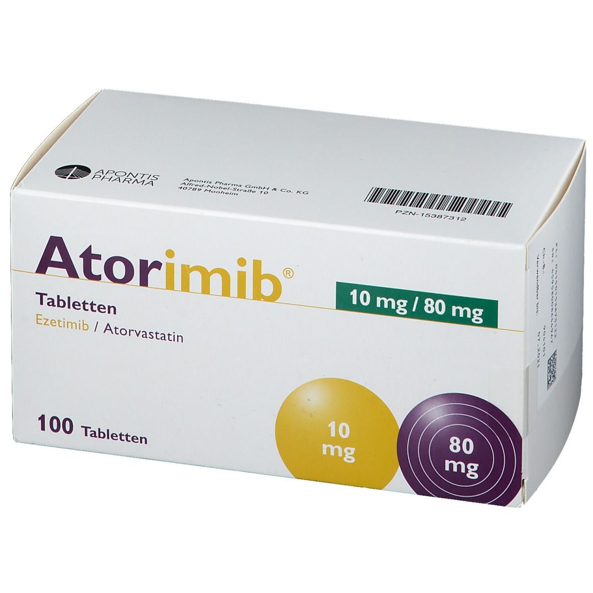 Atorimib®-Tabletten-Packung. Aufschrift: 10 mg/80 mg, 100 Tabletten. Gelbe und violette Kreise mit Dosierungsangaben.