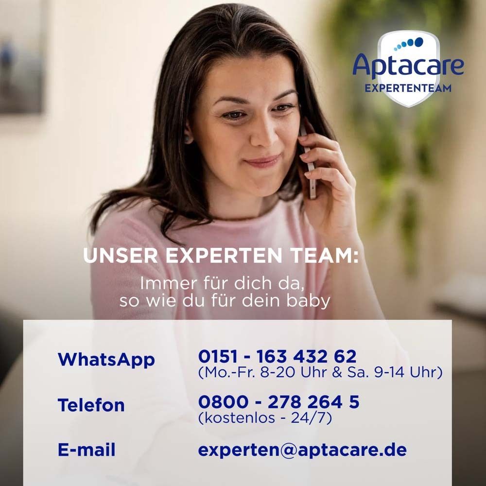 Aptacare Expertenteam. Frau telefoniert. Kontaktinformationen: WhatsApp, Telefon, E-Mail.
