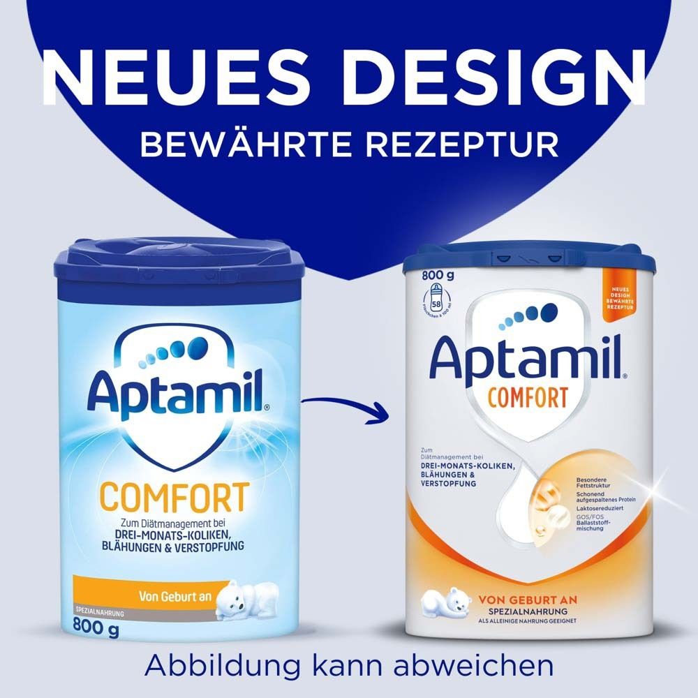 Vergleich von Aptamil Comfort. Links: alte Dose. Rechts: neue Dose. Text: Neues Design, Bewährte Rezeptur.
