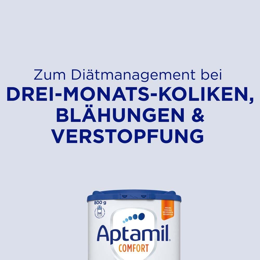 Aptamil Comfort Dose. Text: Zum Diätmanagement bei Drei-Monats-Koliken, Blähungen & Verstopfung.