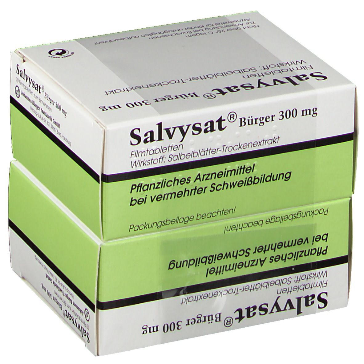 Zwei Kartons Salvysat® Bürger 300 mg. Weiße Schachteln mit grünen Akzenten. Text: Filmtabletten, Salbeiblätter-Trockenextrakt.