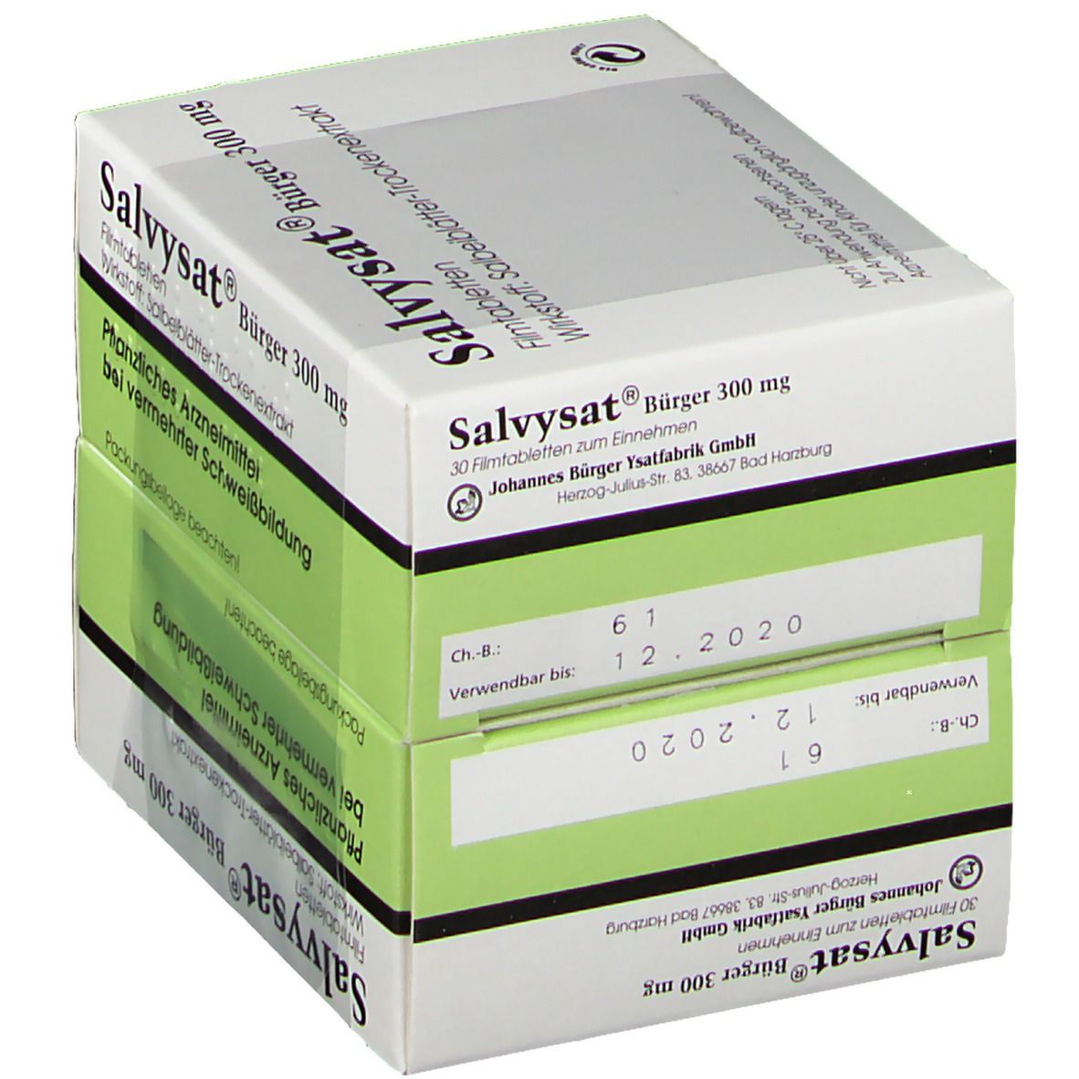 Zwei übereinanderliegende Kartons Salvysat® Bürger 300 mg. Weiße Schachteln mit grünen Details. Text: Filmtabletten, Haltbarkeit 12.2020.