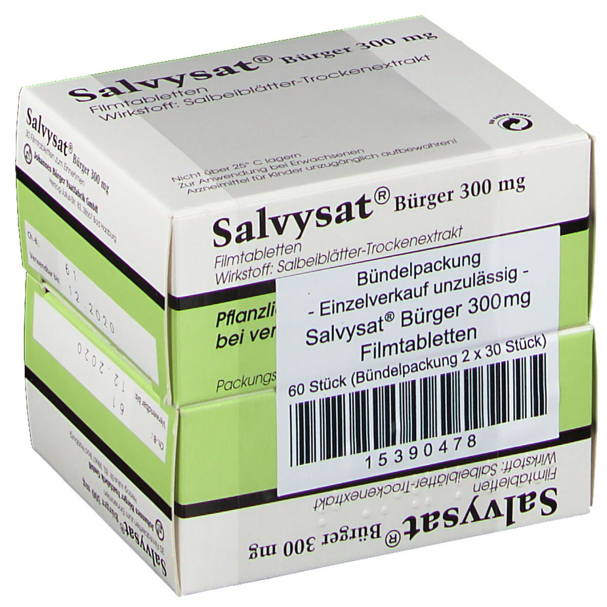 Zwei Kartons Salvysat® Bürger 300 mg. Weiße Schachteln mit grünen Akzenten. Text: Filmtabletten, 60 Stück (Bündelpackung). Barcode.