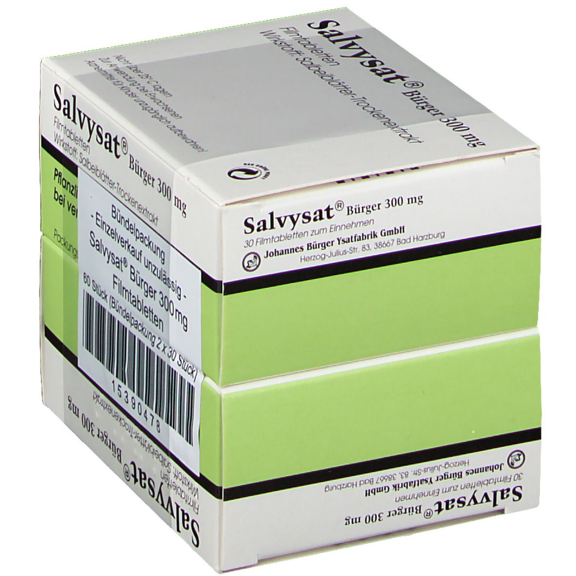 Zwei Kartons Salvysat® Bürger 300 mg. Weiße Schachteln mit grünen Akzenten. Text: Filmtabletten, 60 Stück (Bündelpackung).