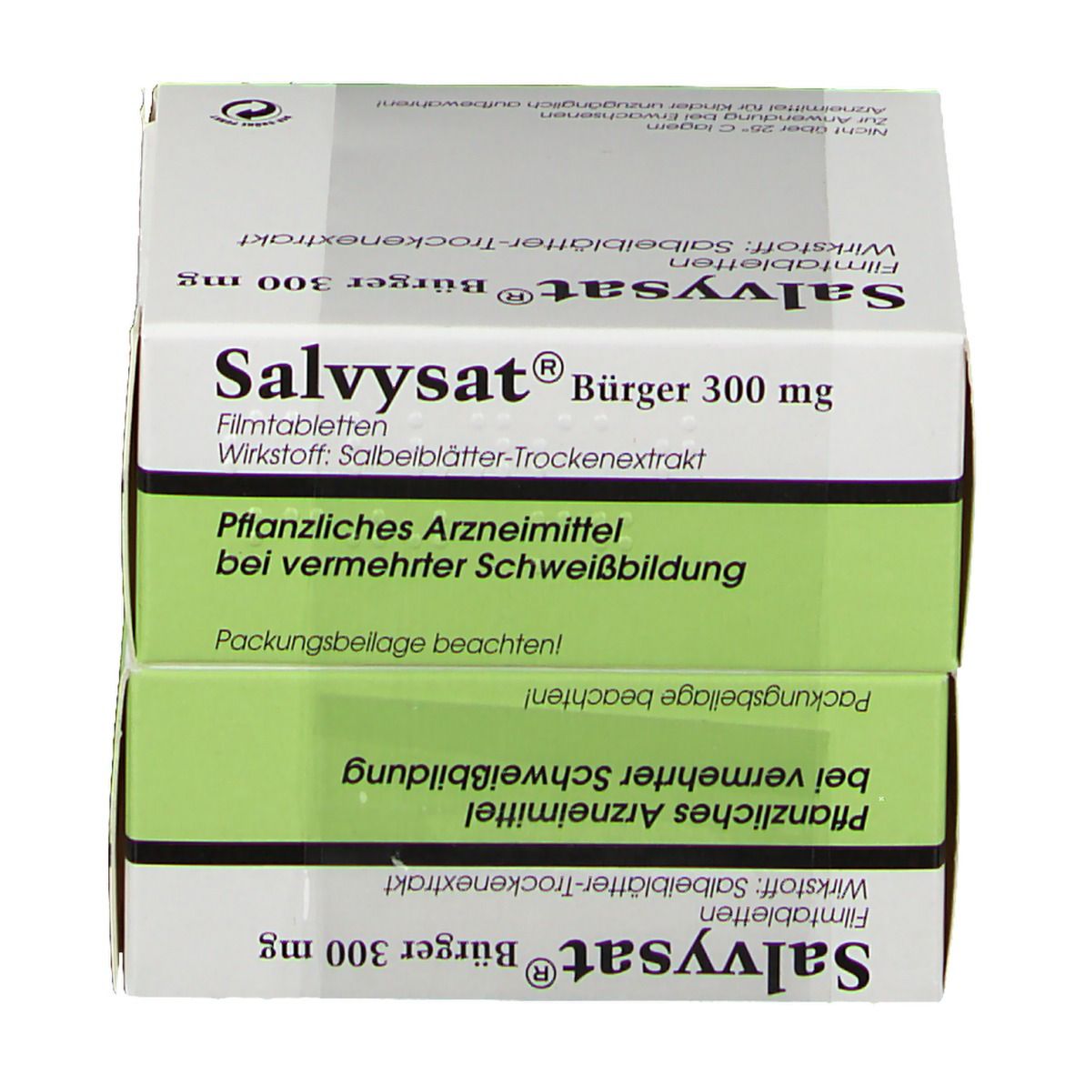 Zwei übereinanderliegende Kartons Salvysat® Bürger 300 mg. Weiße Schachteln mit grünen Akzenten. Text: Filmtabletten, Salbeiblätter-Trockenextrakt.