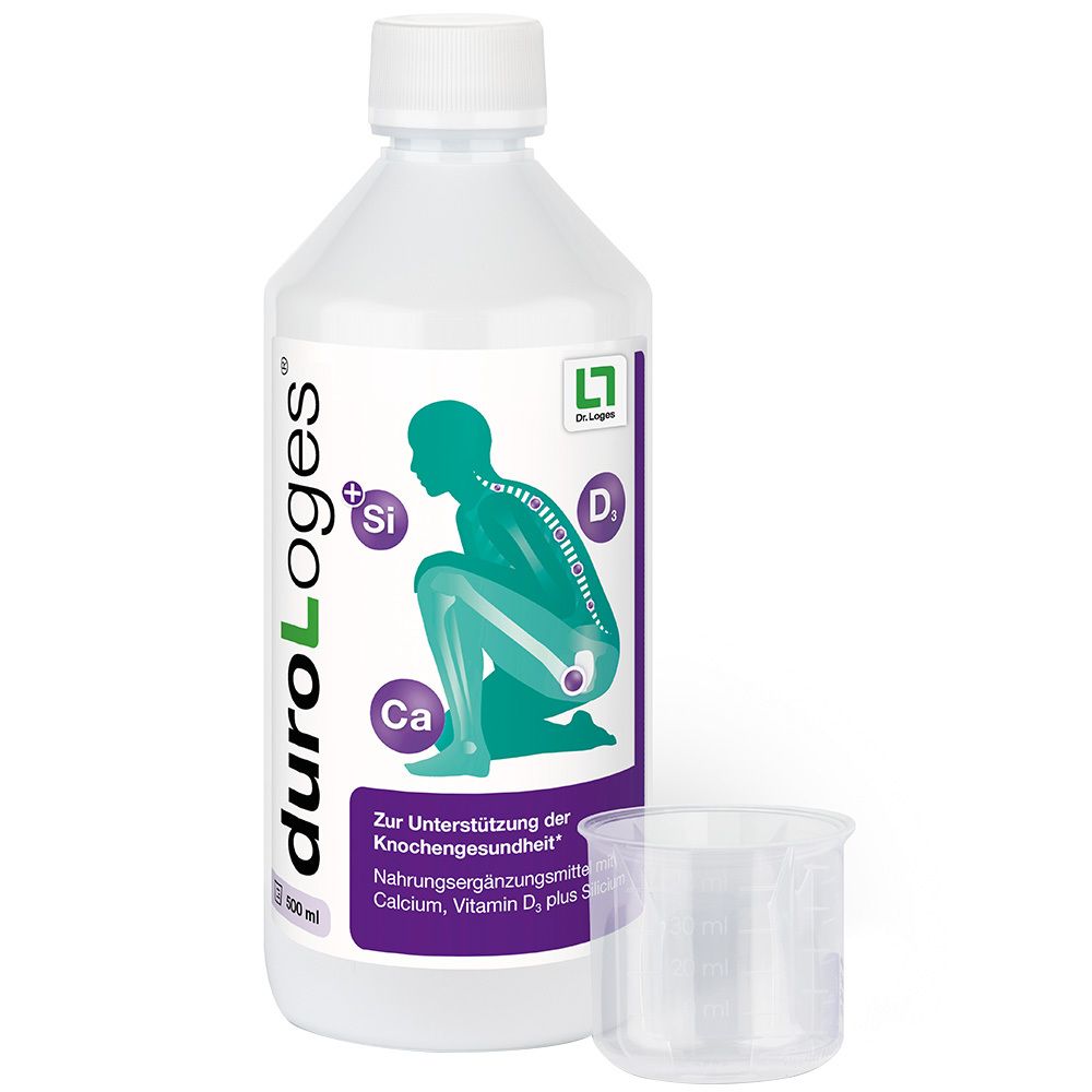 Weißliche Flasche duroLoges® mit Messbecher. Aufdruck: Illustration eines Skeletts, Ca, Si, D. Aufschrift: Zur Unterstützung der Knochengesundheit.