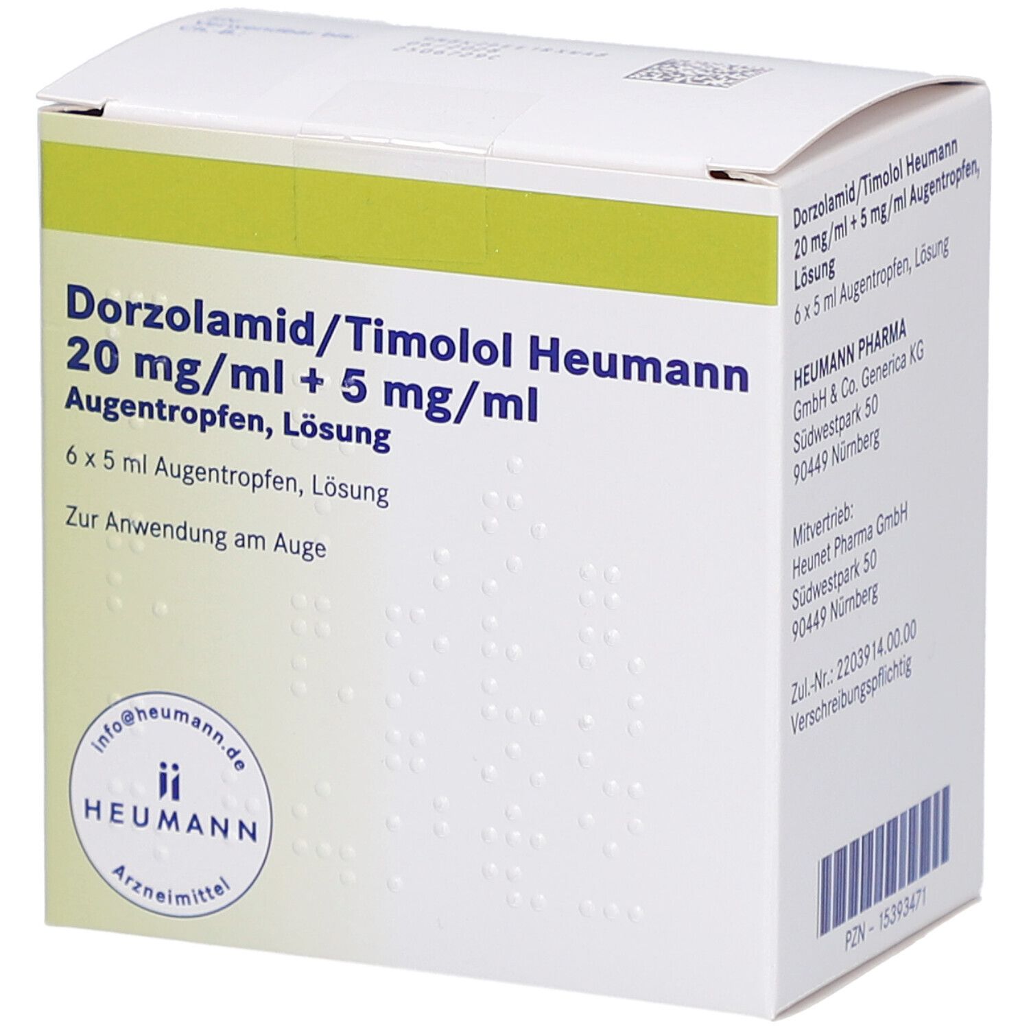 Weiße Faltschachtel mit grünen Akzenten. Aufdruck: Dorzolamid/Timolol Heumann Augentropfen. 6x5 ml Lösung. Heumann Logo.