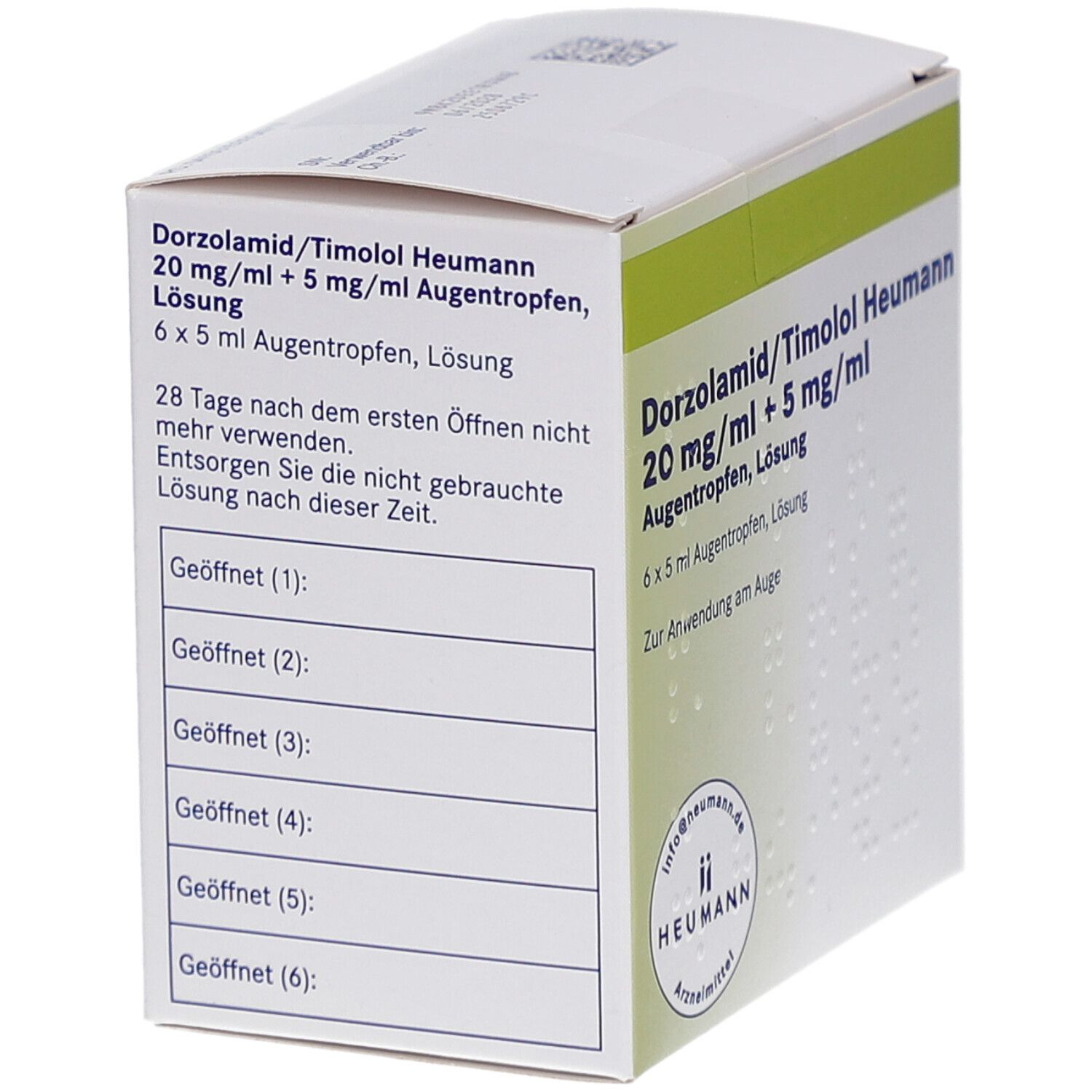 Weiße Faltschachtel, Seitenansicht. Aufdruck: Dorzolamid/Timolol Heumann Augentropfen. 6x5 ml Lösung. Heumann Logo. Text über Haltbarkeit.